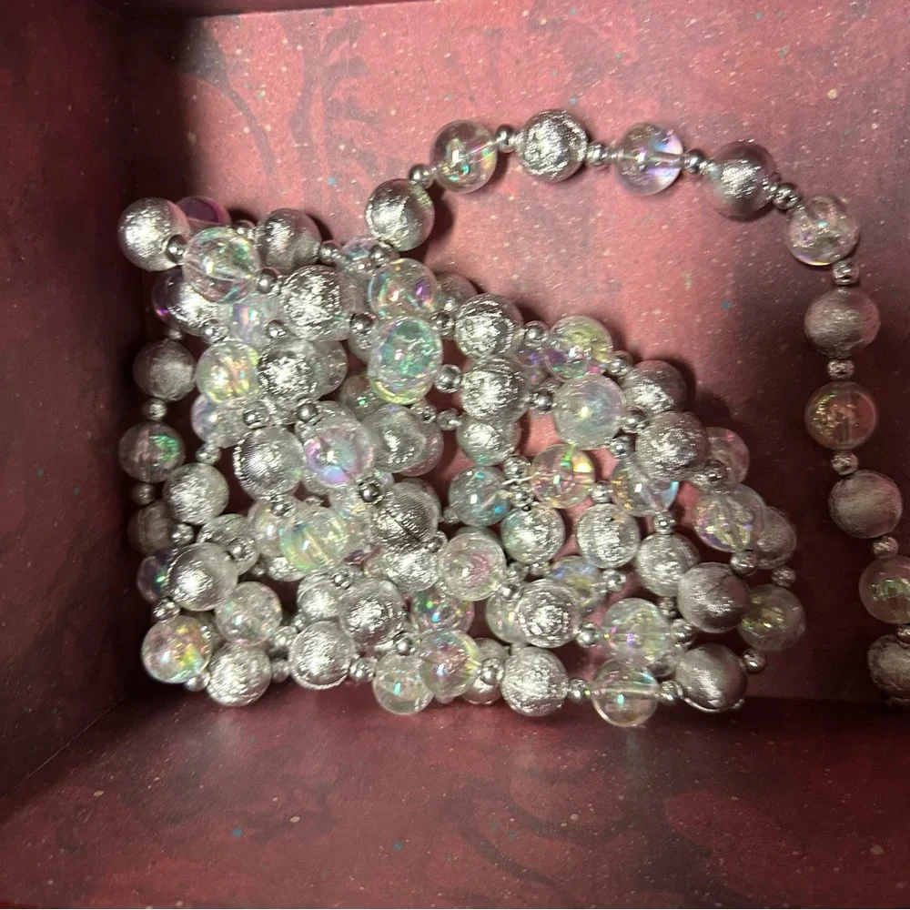 Five Vintage Garland Acrylic Iridescent Silver Metallic Christmas Balls Strings